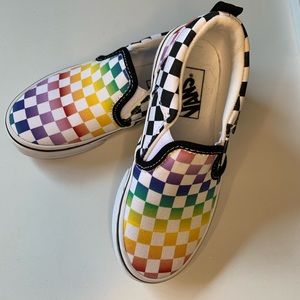 Vans- Asher Rainbow Check Slip-on Sneaker. Kids 12